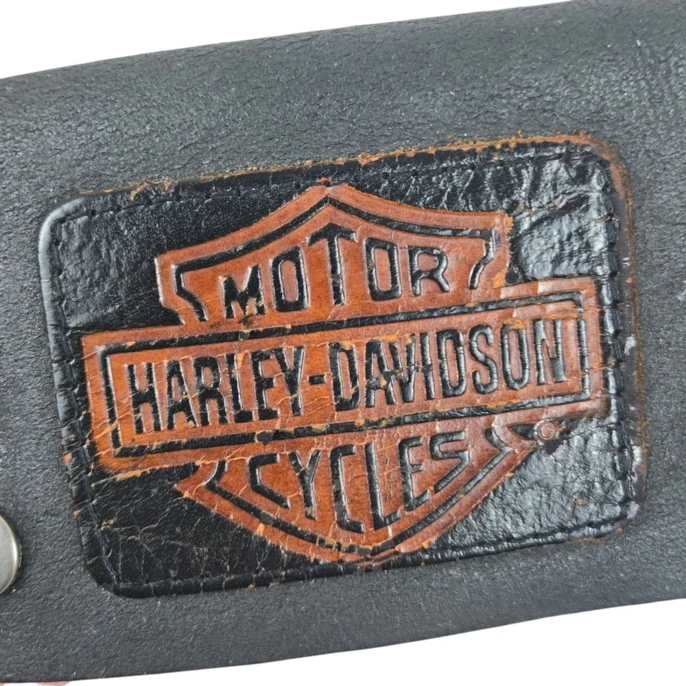 Vtg 80s Harley Davidson Black Leather Wallet w Patch Logo & 12